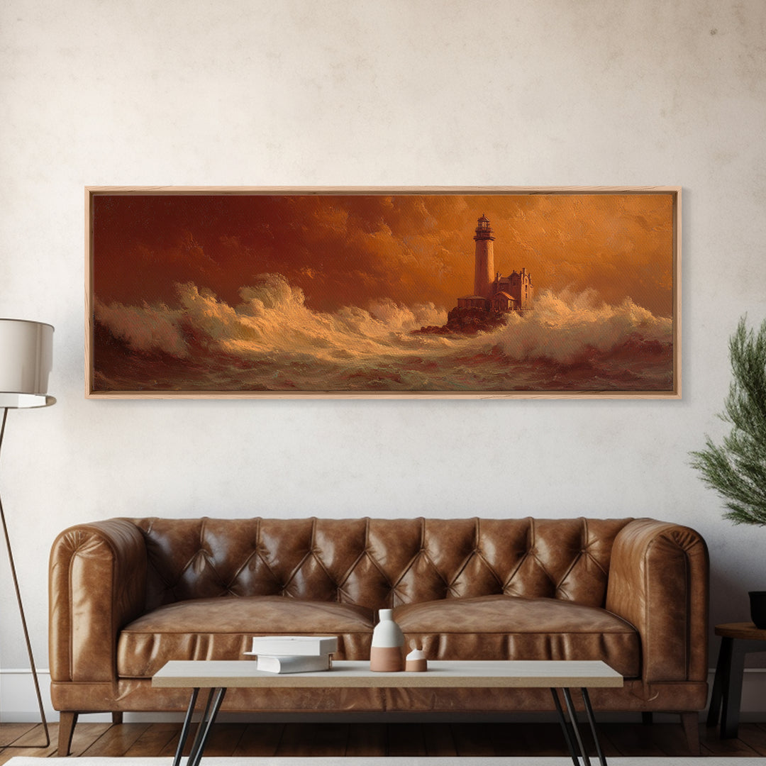 Lighthouse with Crashing Waves Framed Canvas Print, Traditional Art, Indian Wall Art, Living Room Decor, Watercolor Art, TRA-3x1-37