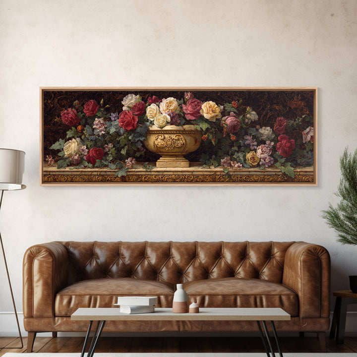 Garden Urn with Roses and Ivy Canvas Print, Traditional Art, Neutral Decor, Living Room Decor, Oil Painting, Classic, TRA-3x1-40