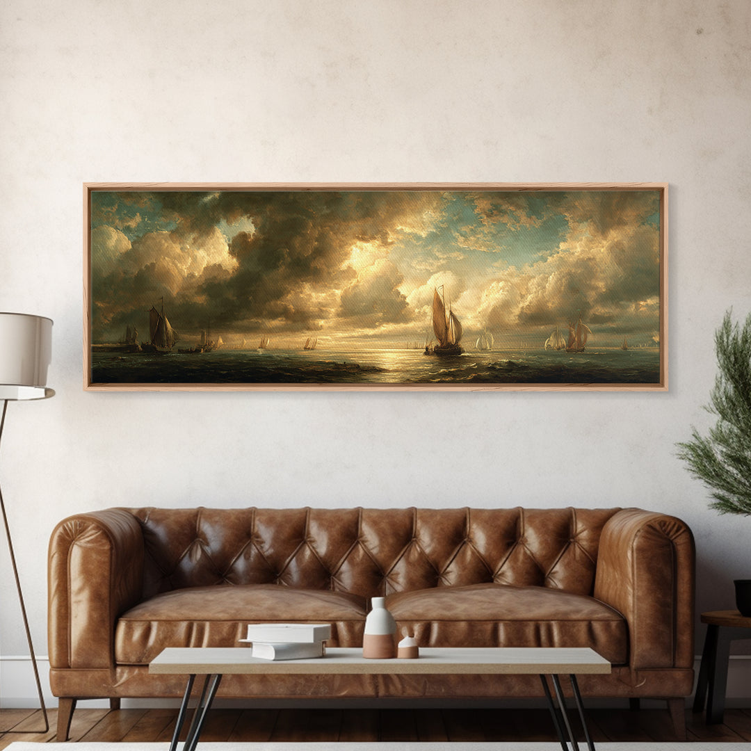 Seascape with Sailboats and Cloudy Sky Canvas Print, Traditional Art, Indian Decor, Living Room Decor, Fine Art, Classic, TRA-3x1-45