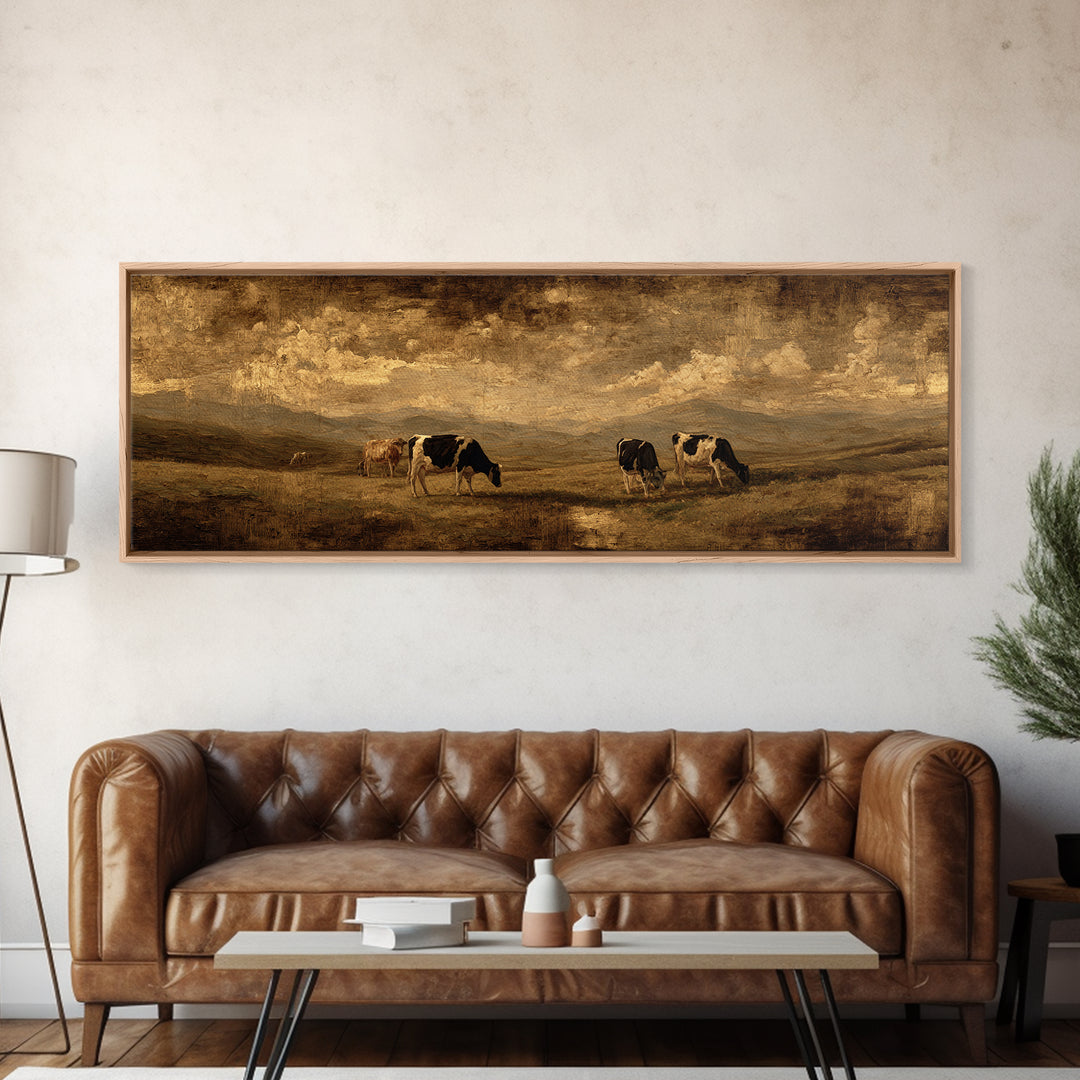 Pastoral Countryside with Cows in Field Framed Canvas Print, Traditional Art, Living Room Decor, Oil Painting, Classic, TRA-3x1-47
