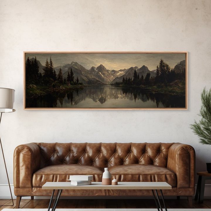 Mountain Lake with Pine Forest Reflection Canvas Print, Traditional Art, Landscape, Living Room Decor, Fine Art, Classic, TRA-3x1-49