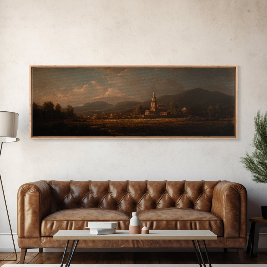 Church Steeple Across Rural Meadow Framed Canvas Print, Traditional Art, Printable Art, Living Room Decor, Watercolor Art, TRA-3x1-5