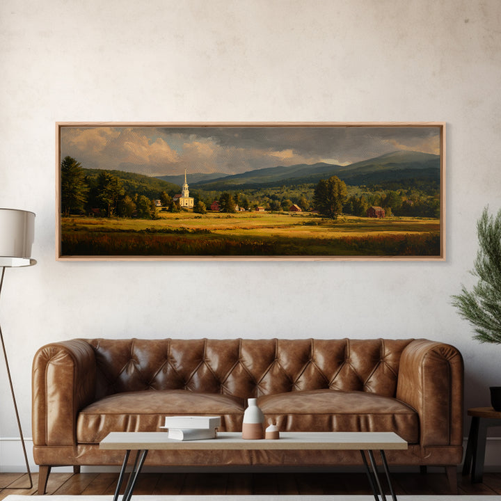 Church Steeple Across Rural Meadow Framed Canvas Print, Traditional Art, Indian Art, Living Room Decor, Oil Painting, Classic, TRA-3x1-53
