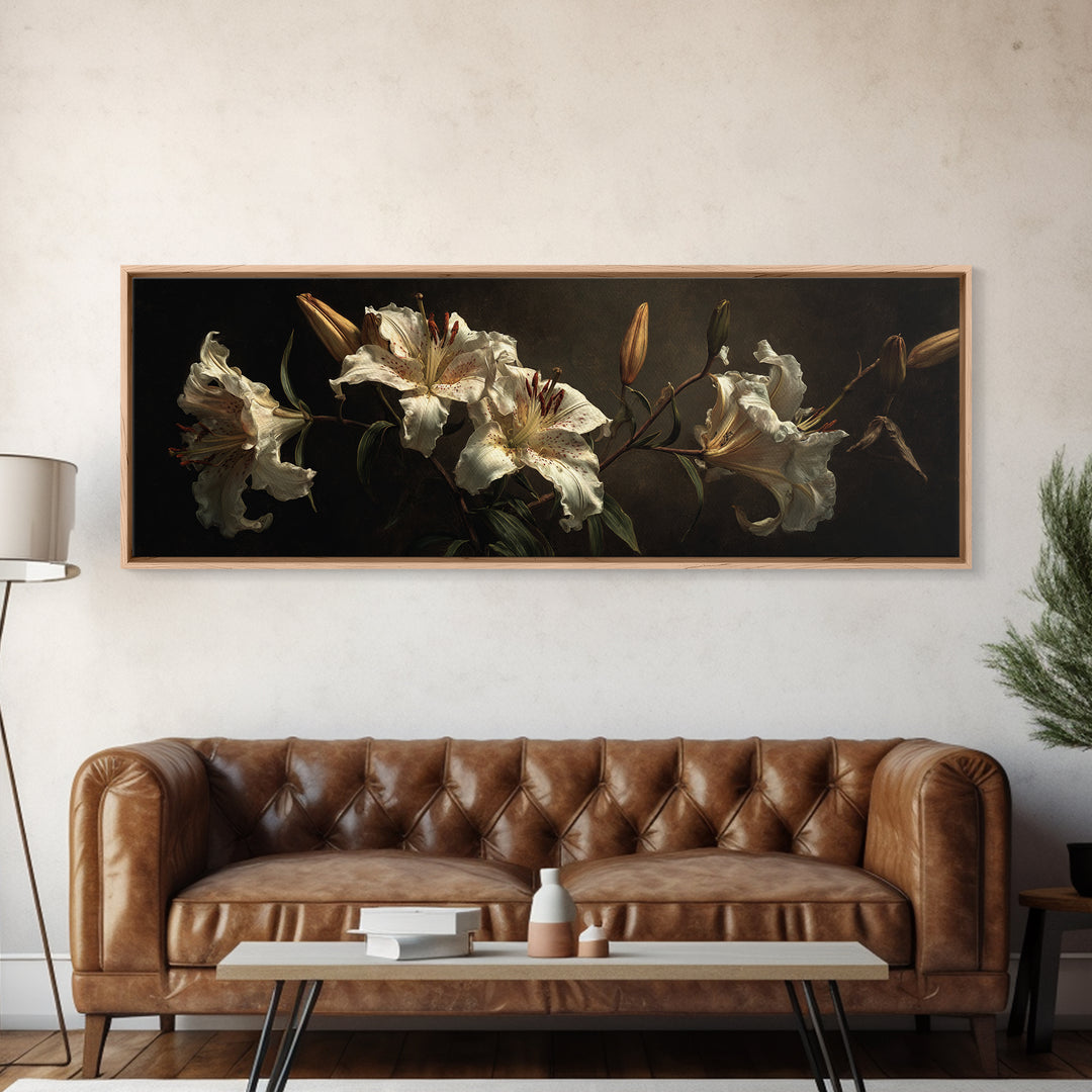 White Lilies on Dark Background Framed Canvas Print, Traditional Art, Art, Living Room Decor, Fine Art, Classic, Printable Art, TRA-3x1-55