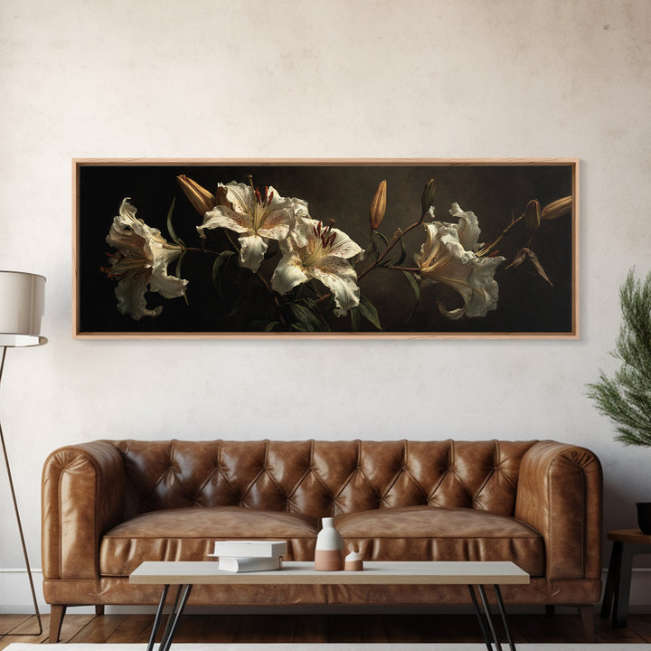 White Lilies on Dark Background Framed Canvas Print, Traditional Art, Art, Living Room Decor, Fine Art, Classic, Printable Art, TRA-3x1-55