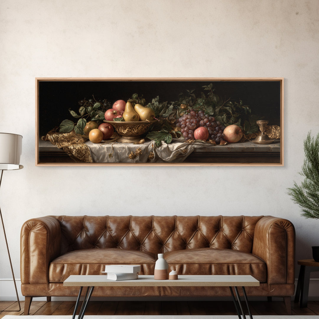 Basket of Apples and Pears on Linen Framed Canvas Print, Traditional Art, Art Commissions, Living Room Decor, Fine Art, Classic, TRA-3x1-58