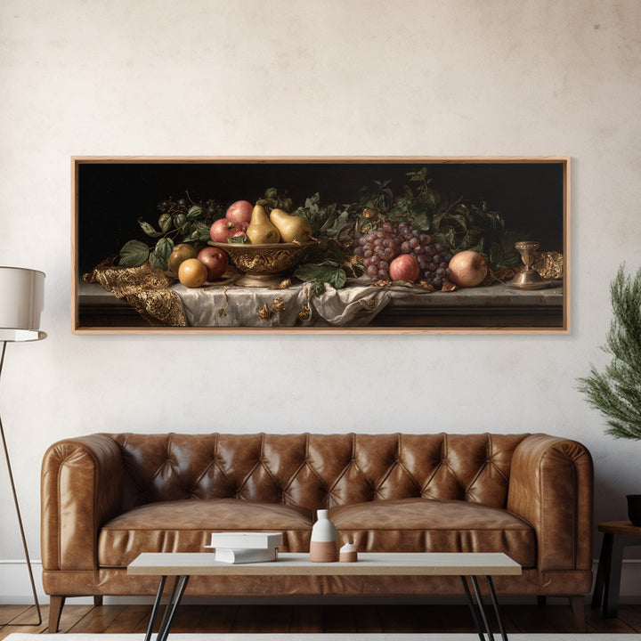 Basket of Apples and Pears on Linen Framed Canvas Print, Traditional Art, Art Commissions, Living Room Decor, Fine Art, Classic, TRA-3x1-58