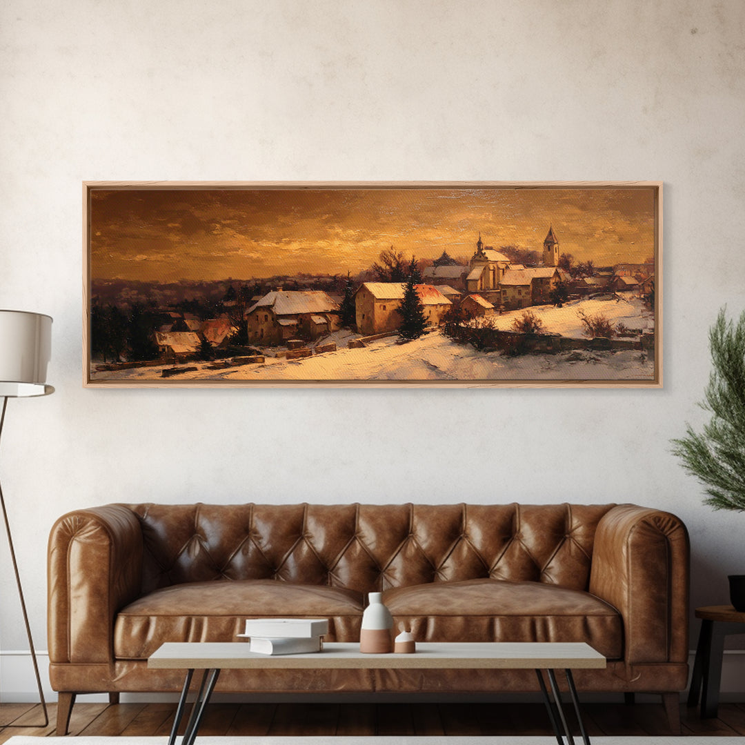 Snowy Village Landscape at Twilight Framed Canvas Print, Traditional Art, Wall Decor, Living Room Decor, Fine Art, Classic, TRA-3x1-59