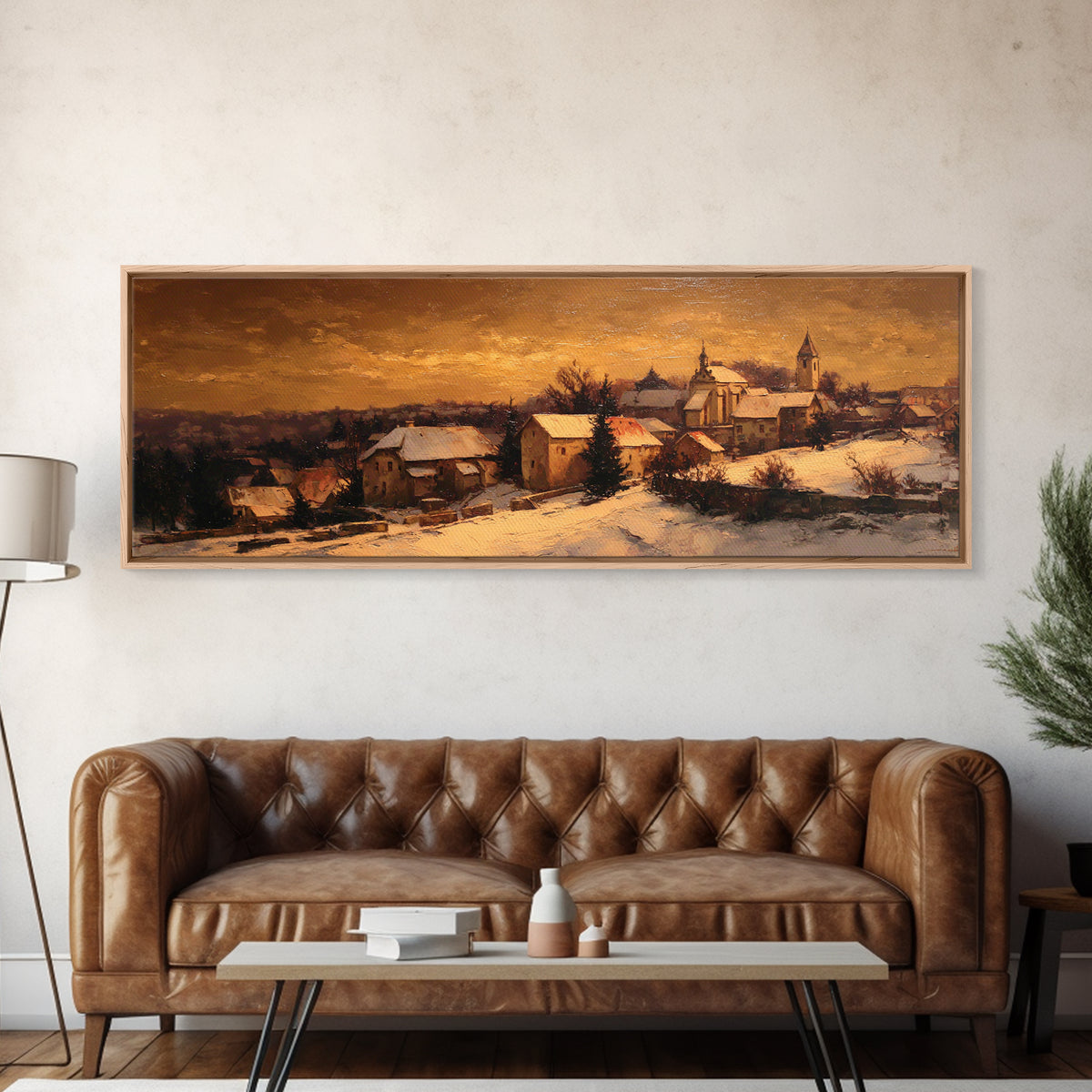 Snowy Village Landscape at Twilight Framed Canvas Print, Traditional Art, Wall Decor, Living Room Decor, Fine Art, Classic, TRA-3x1-59