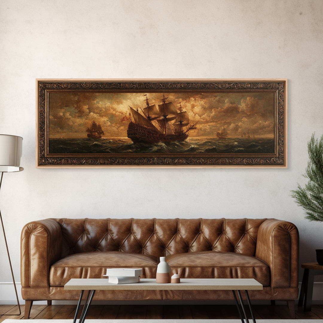 Ship at Sea Canvas Print, Traditional Art, Indian Decor, Living Room Decor, Fine Art, Classic, Luxury Decor, Textured Painting, TRA-3x1-6