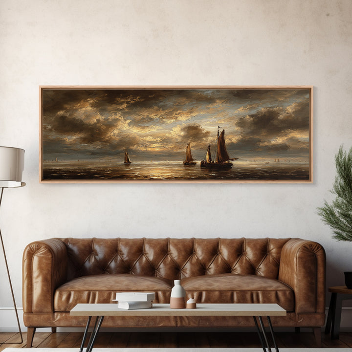 Seascape with Sailboats and Cloudy Sky Framed Canvas Print, Traditional Art, Gallery Decor, Living Room Decor, Classic, TRA-3x1-69