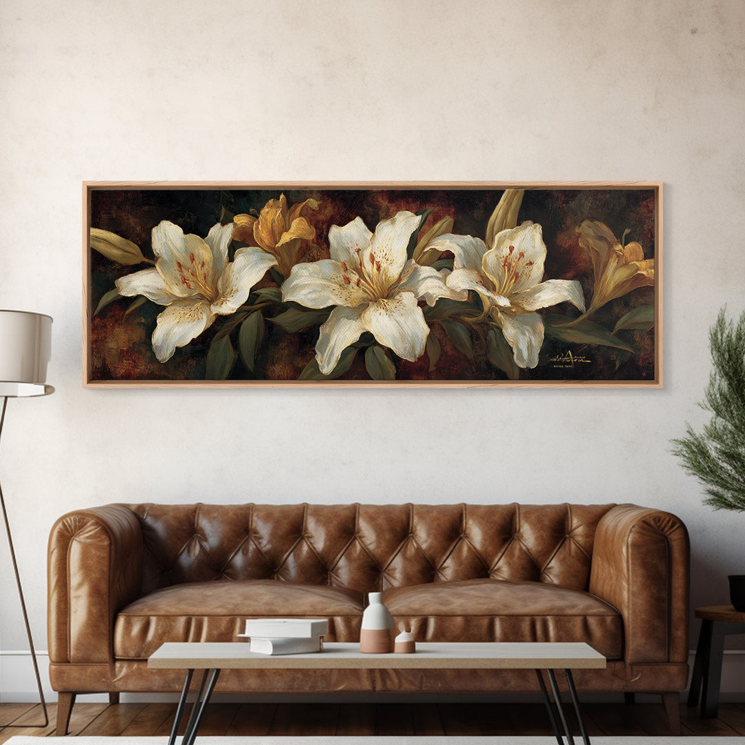 White Lilies on Dark Background Framed Canvas Print, Traditional Art, Statement Artwork, Living Room Decor, Fine Art, Classic, TRA-3x1-7