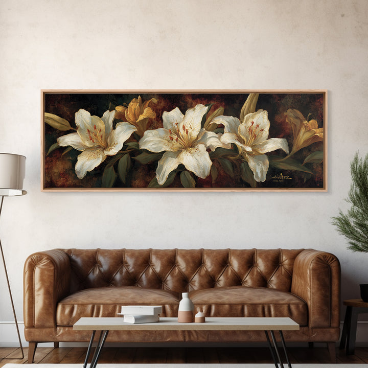White Lilies on Dark Background Framed Canvas Print, Traditional Art, Statement Artwork, Living Room Decor, Fine Art, Classic, TRA-3x1-7