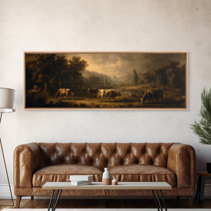 Pastoral Countryside with Cows in Field Canvas Print, Traditional Art, Artwork, Living Room Decor, Fine Art, Classic, TRA-3x1-71