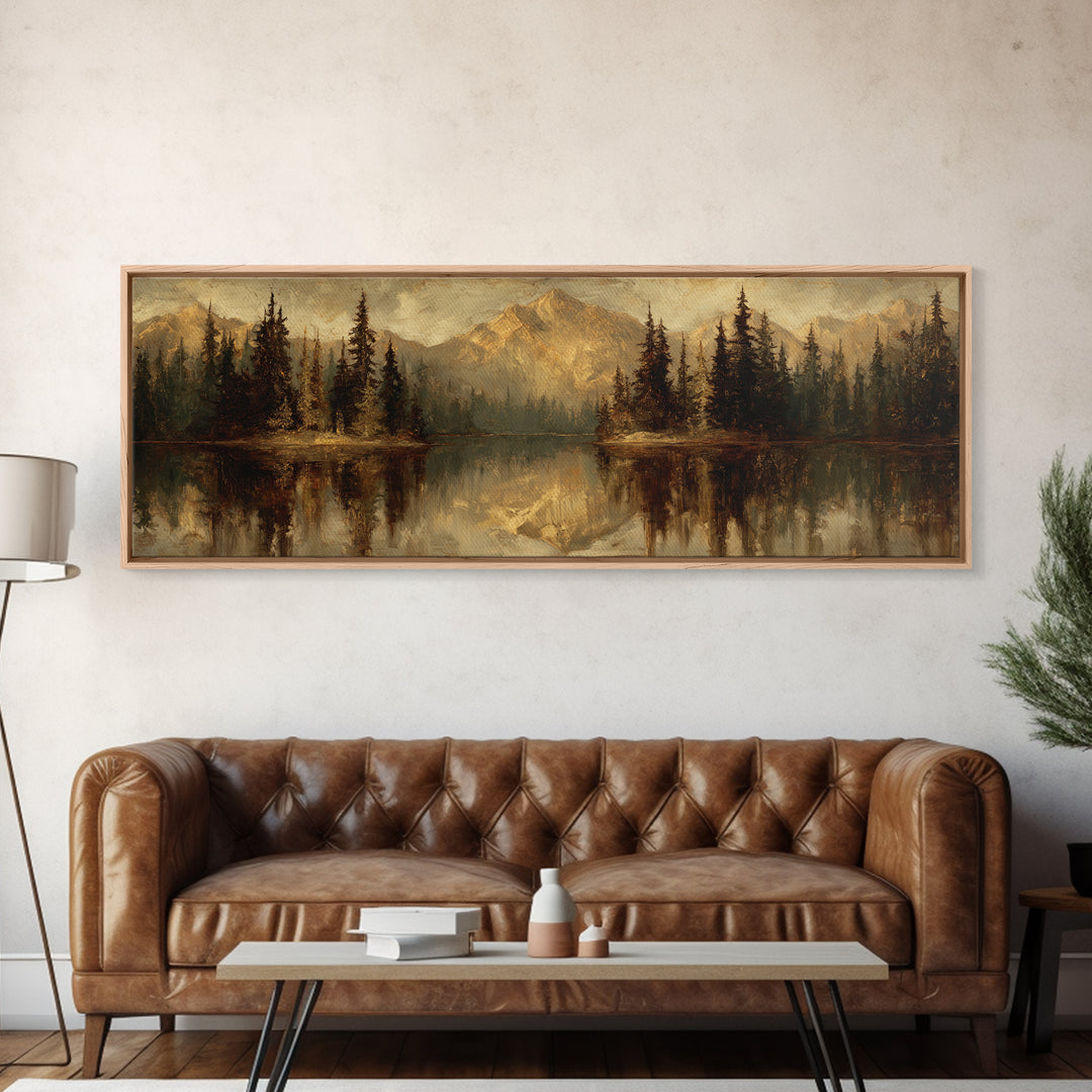 Mountain Lake with Pine Forest Reflection Framed Canvas Print, Traditional Art, Neutral Decor, Living Room Decor, Oil Painting, TRA-3x1-73