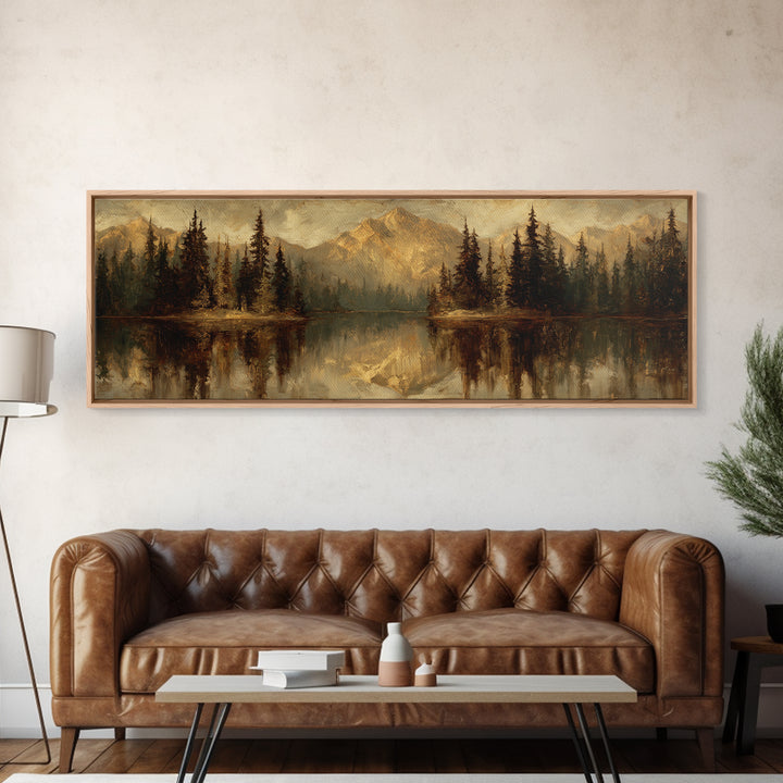 Mountain Lake with Pine Forest Reflection Framed Canvas Print, Traditional Art, Neutral Decor, Living Room Decor, Oil Painting, TRA-3x1-73