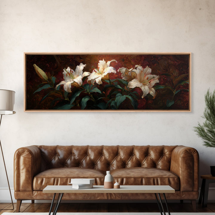 White Lilies on Dark Background Framed Canvas Print, Traditional Art, Digital Print, Living Room Decor, Oil Painting, Classic, TRA-3x1-79