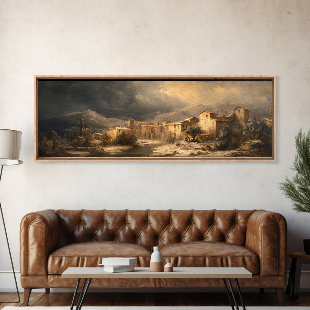 Snowy Village Landscape at Twilight Canvas Print, Traditional Art, Art Commission, Living Room Decor, Fine Art, Classic, TRA-3x1-83