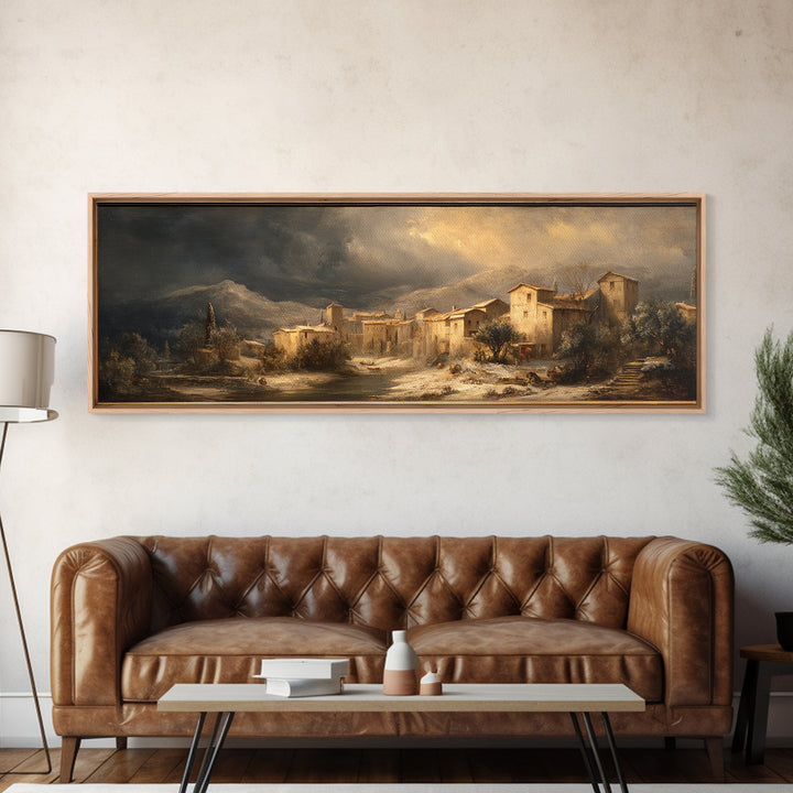 Snowy Village Landscape at Twilight Canvas Print, Traditional Art, Art Commission, Living Room Decor, Fine Art, Classic, TRA-3x1-83