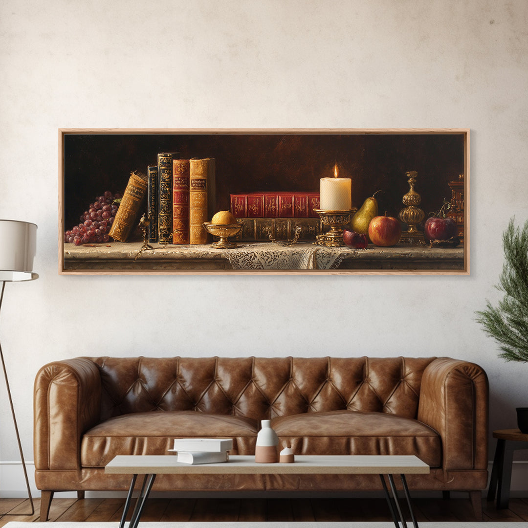 Still Life of Books Candle and Fruit Framed Canvas Print, Traditional Art, Painting, Living Room Decor, Fine Art, Classic, TRA-3x1-84