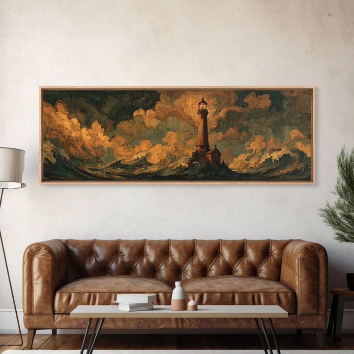 Lighthouse with Crashing Waves Canvas Print, Traditional Art, Dark Art, Living Room Decor, Oil Painting, Classic, TRA-3x1-85