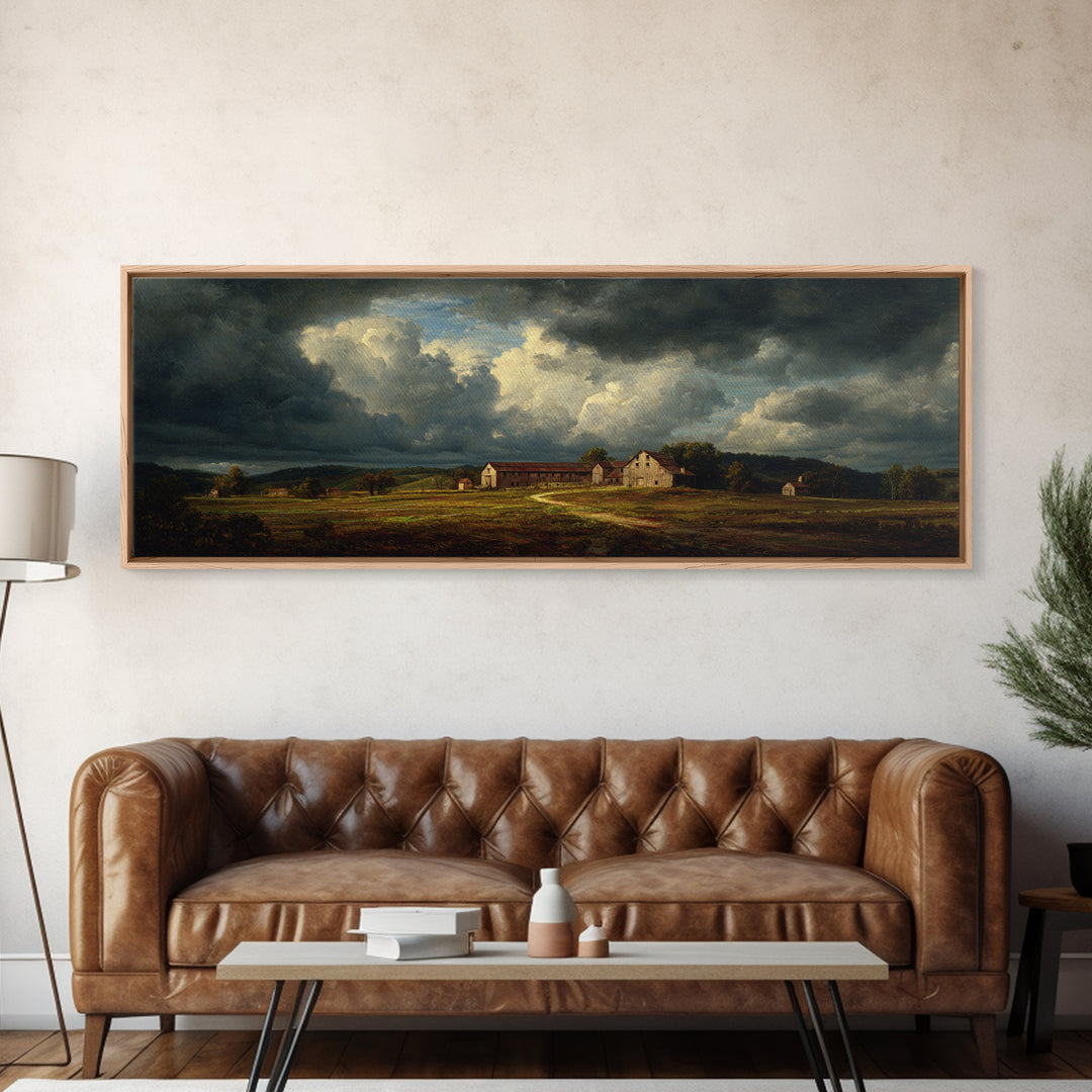 Barn and Farmland Framed Canvas Print, Traditional Art, Boho, Living Room Decor, Classic, Indian Wall Art, Japanese Decor, TRA-3x1-87
