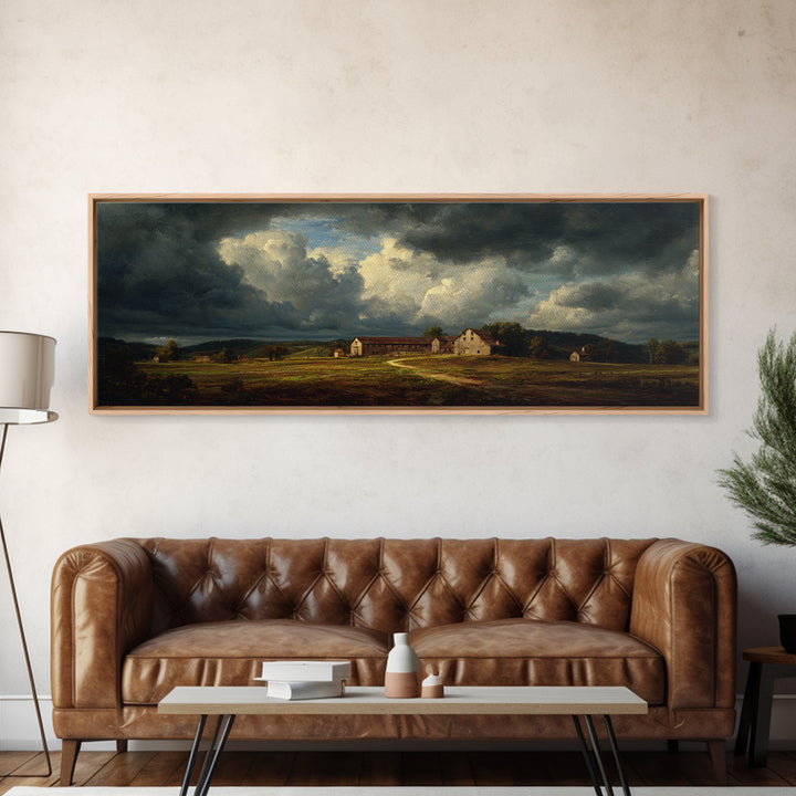 Barn and Farmland Framed Canvas Print, Traditional Art, Boho, Living Room Decor, Classic, Indian Wall Art, Japanese Decor, TRA-3x1-87