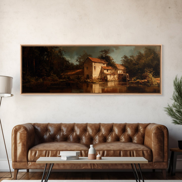 Watermill Beside a Quiet Stream Framed Canvas Print, Traditional Art, Living Room Decor, Fine Art, Classic, Dark Art, TRA-3x1-9