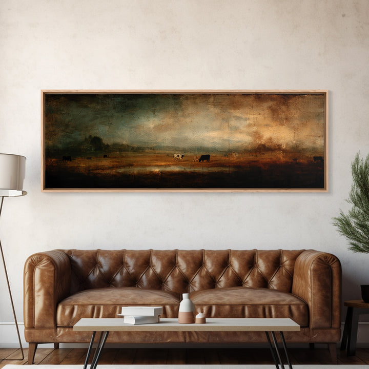 Pastoral Countryside with Cows in Field Canvas Print, Traditional Art, Art Print, Living Room Decor, Oil Painting, Classic, TRA-3x1-95