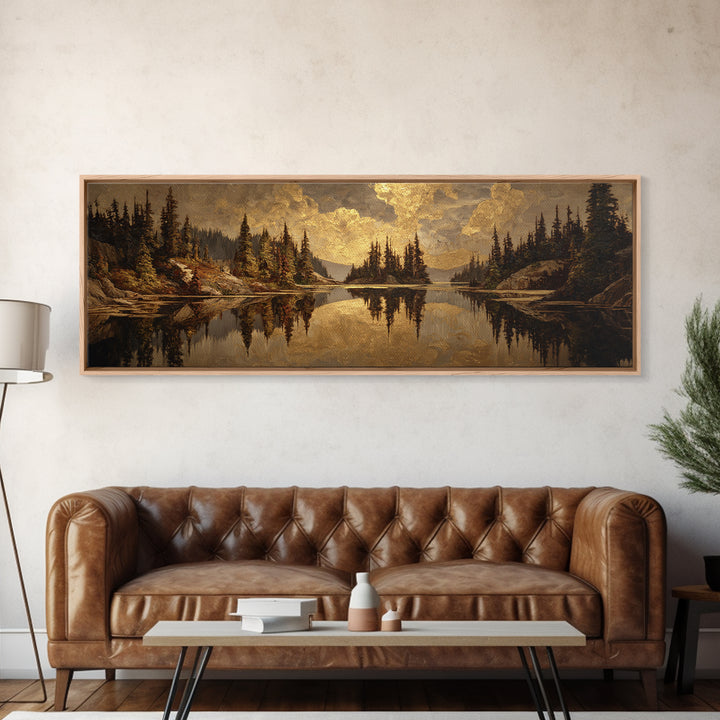 Mountain Lake with Pine Forest Reflection Canvas Print, Traditional Art, Luxury Decor, Living Room Decor, Fine Art, Classic, TRA-3x1-97