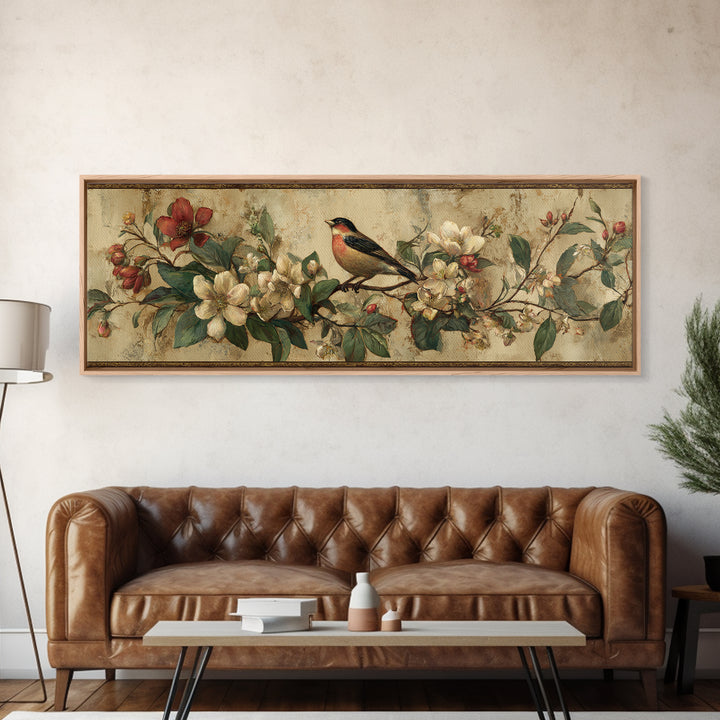 Bird Study on a Flowering Branch Canvas Print, Traditional Art, Indian Art, Living Room Decor, Oil Painting, Classic, TRA-3x1-98