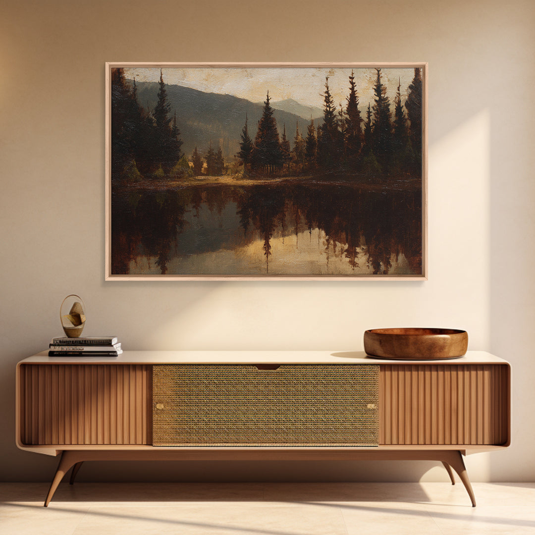 Mountain Lake with Pine Forest Reflection Framed Canvas Print, Traditional Art, Indian Wall Art, Living Room Decor, Classic, TRA-3x2-13