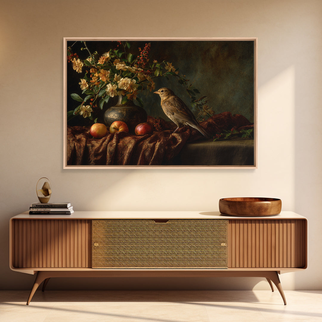 Bird Study on a Flowering Branch Framed Canvas Print, Traditional Art, Artwork, Living Room Decor, Oil Painting, Classic, TRA-3x2-14