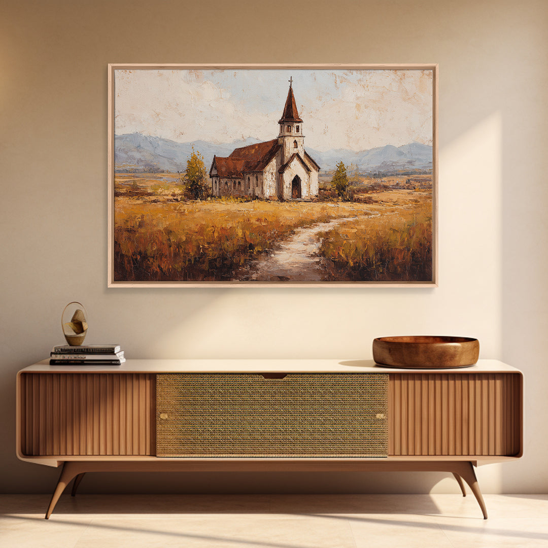 Church Steeple Across Rural Meadow Canvas Print, Traditional Art, Japanese Decor, Living Room Decor, Fine Art, Classic, TRA-3x2-17