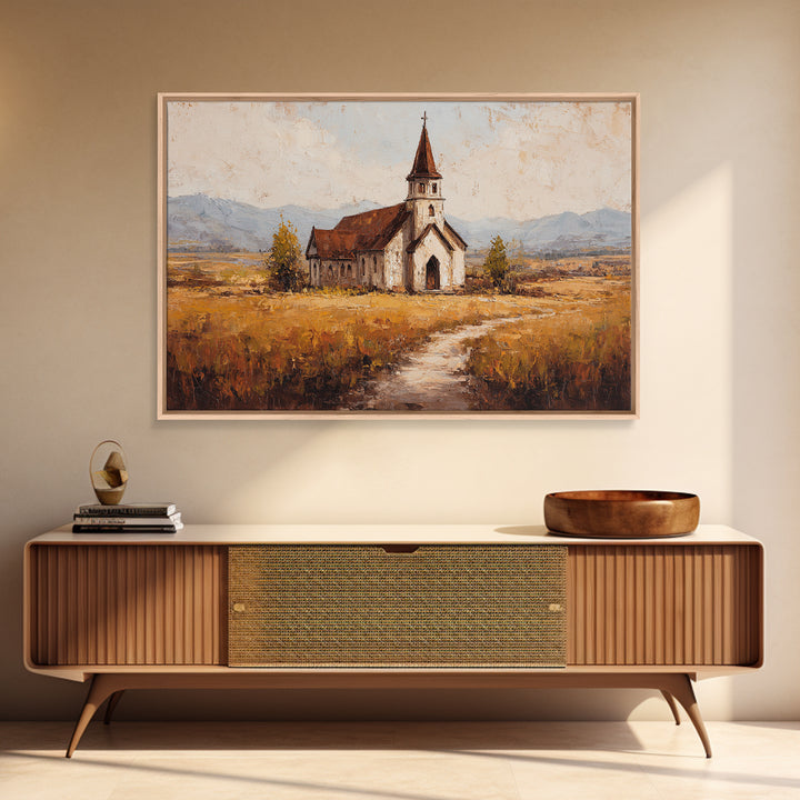 Church Steeple Across Rural Meadow Canvas Print, Traditional Art, Japanese Decor, Living Room Decor, Fine Art, Classic, TRA-3x2-17