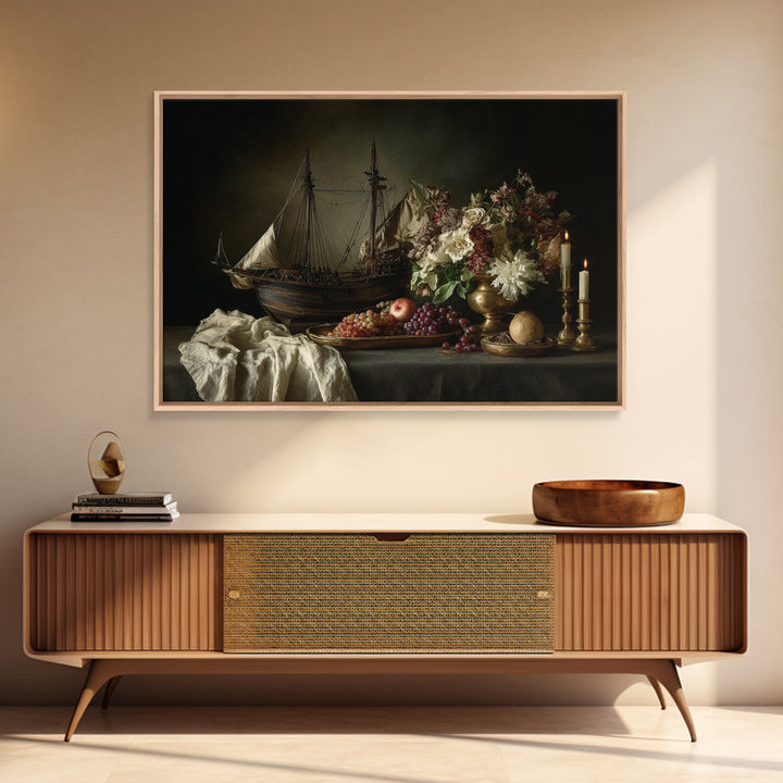 Ship at Sea Framed Canvas Print, Traditional Art, Original Art, Living Room Decor, Fine Art, Classic, Landscape, Indian Art, TRA-3x2-18