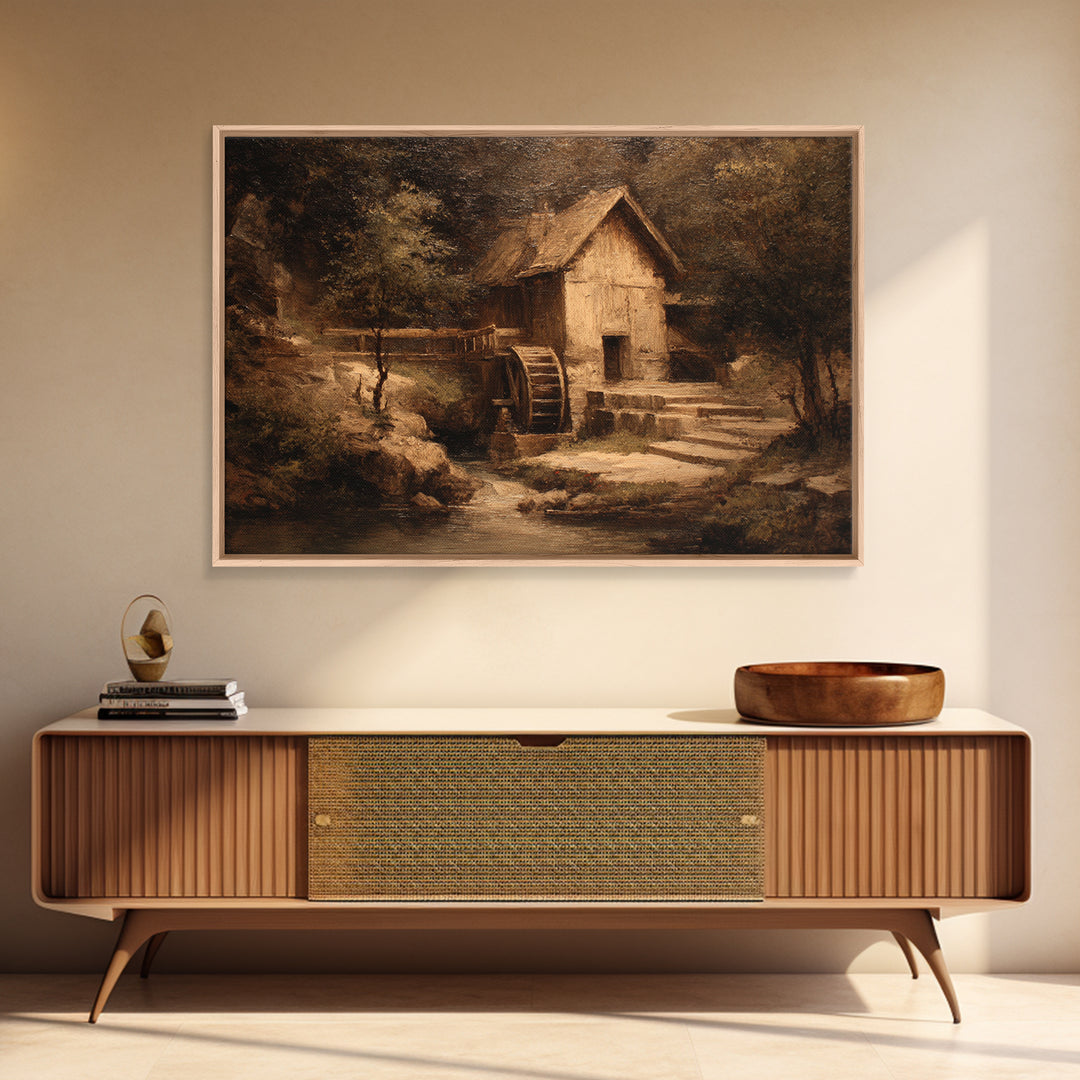 Watermill Beside a Quiet Stream Canvas Print, Traditional Art, Indian Decor, Living Room Decor, Fine Art, Classic, Luxury Decor, TRA-3x2-21