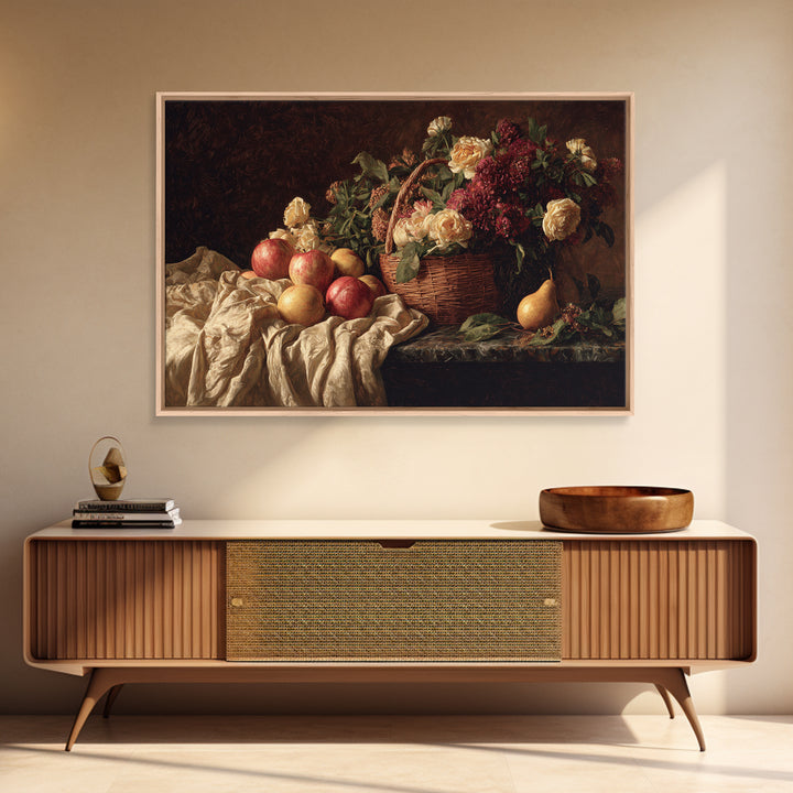Basket of Apples and Pears on Linen Canvas Print, Traditional Art, Digital Print, Living Room Decor, Abstract Art, Classic, TRA-3x2-22