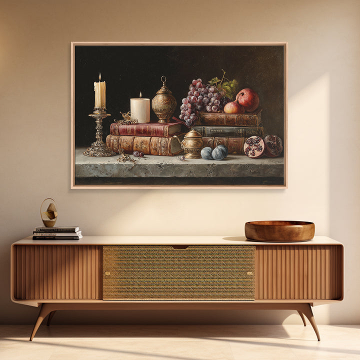 Still Life of Books Candle and Fruit Framed Canvas Print, Traditional Art, Indian Decor, Living Room Decor, Fine Art, Classic, TRA-3x2-24