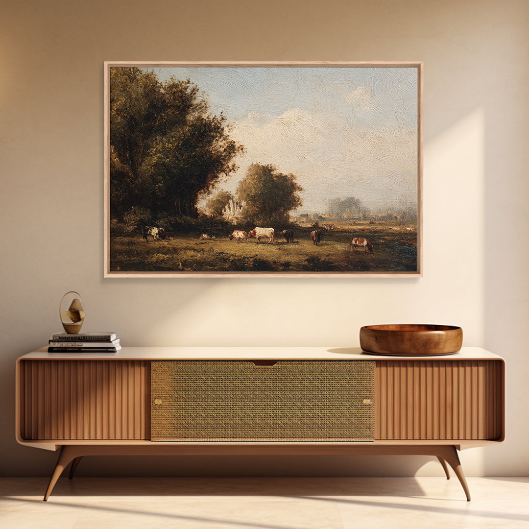 Pastoral Countryside with Cows in Field Framed Canvas Print, Traditional Art, Room Decor, Living Room Decor, Fine Art, Classic, TRA-3x2-35