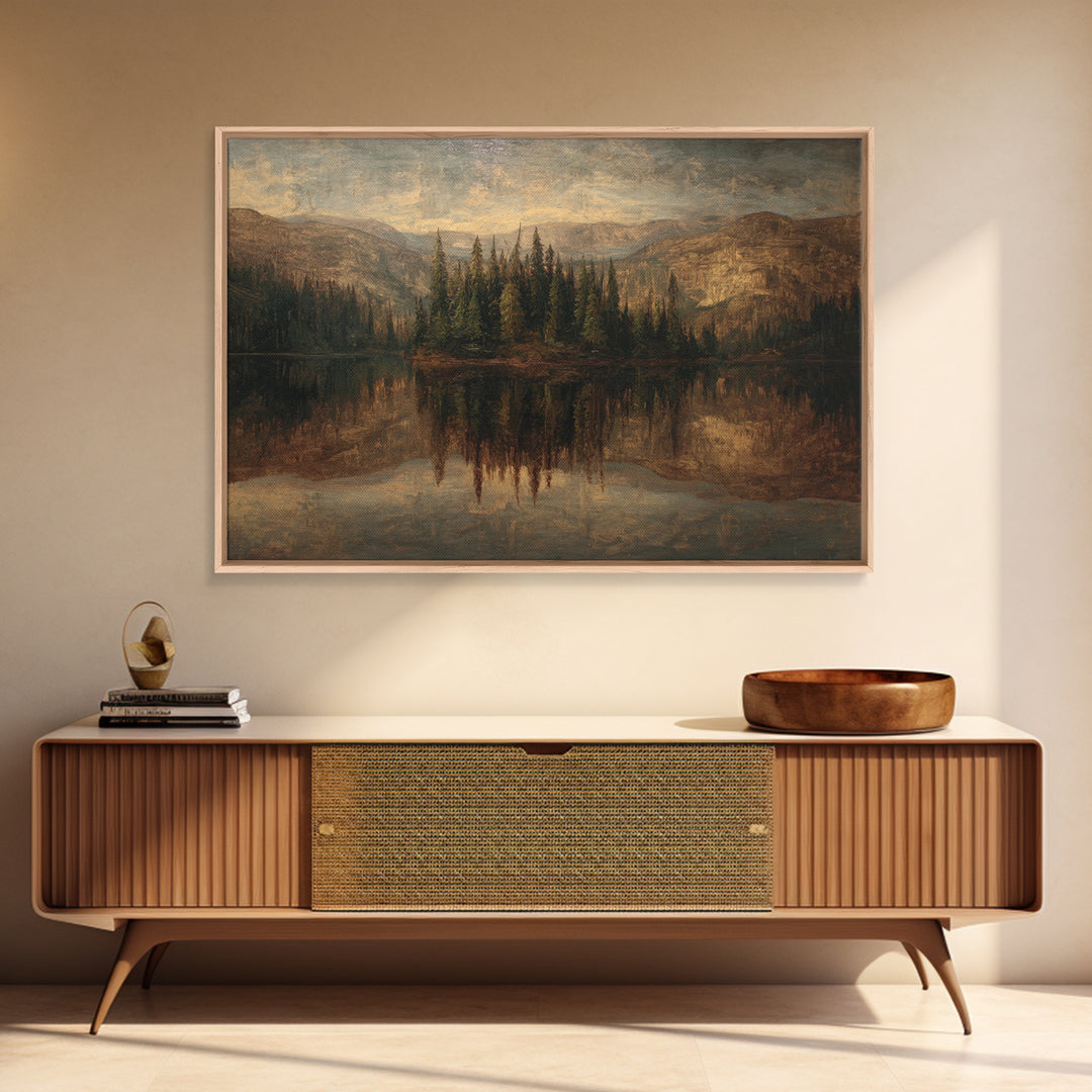 Mountain Lake with Pine Forest Reflection Canvas Print, Traditional Art, Dark Art, Living Room Decor, Fine Art, Classic, TRA-3x2-37