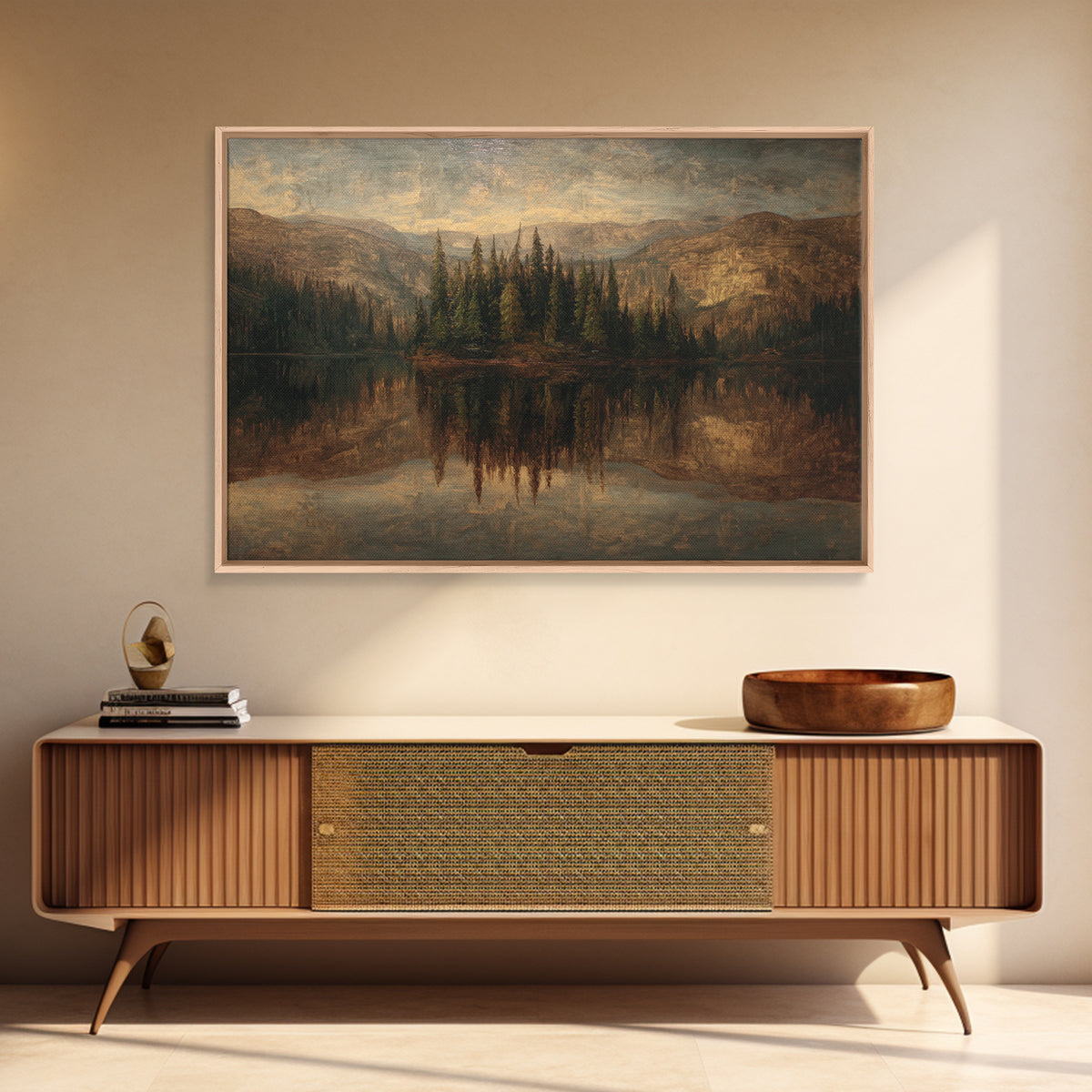 Mountain Lake with Pine Forest Reflection Canvas Print, Traditional Art, Dark Art, Living Room Decor, Fine Art, Classic, TRA-3x2-37
