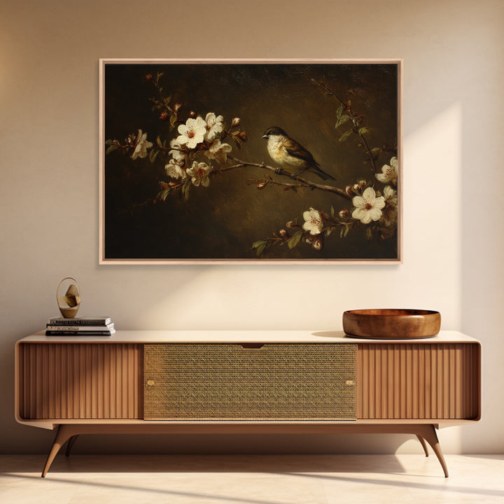 Bird Study on a Flowering Branch Canvas Print, Traditional Art, Japanese Art, Living Room Decor, Watercolor Art, Classic, TRA-3x2-38