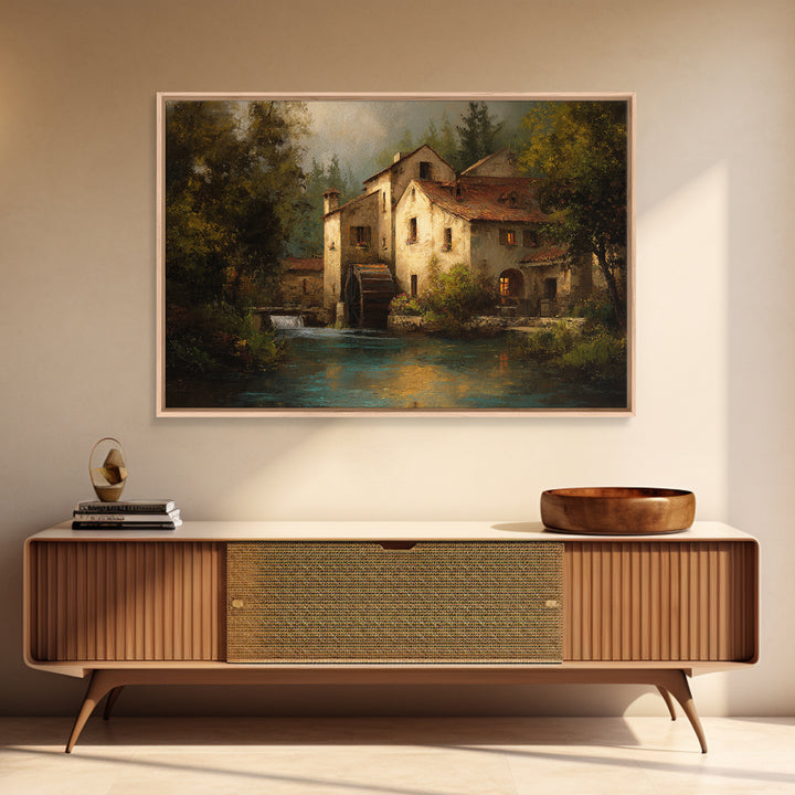 Watermill Beside a Quiet Stream Framed Canvas Print, Traditional Art, Gallery Decor, Living Room Decor, Fine Art, Classic, TRA-3x2-45