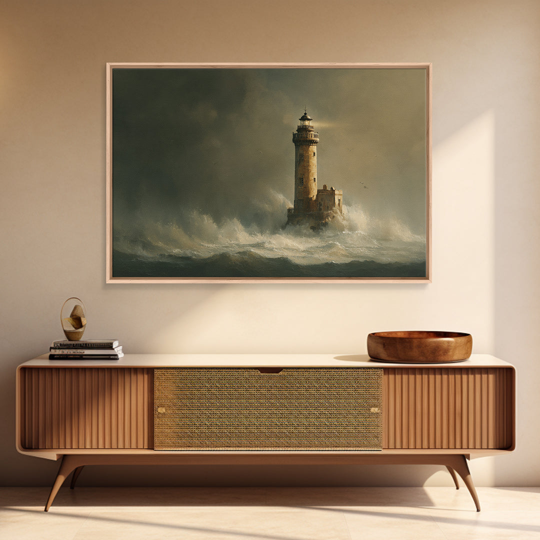 Lighthouse with Crashing Waves Canvas Print, Traditional Art, Neutral Decor, Living Room Decor, Fine Art, Classic, Home Decor, TRA-3x2-49