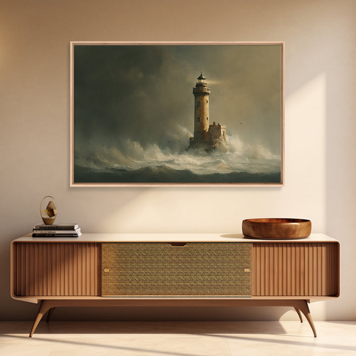 Lighthouse with Crashing Waves Canvas Print, Traditional Art, Neutral Decor, Living Room Decor, Fine Art, Classic, Home Decor, TRA-3x2-49