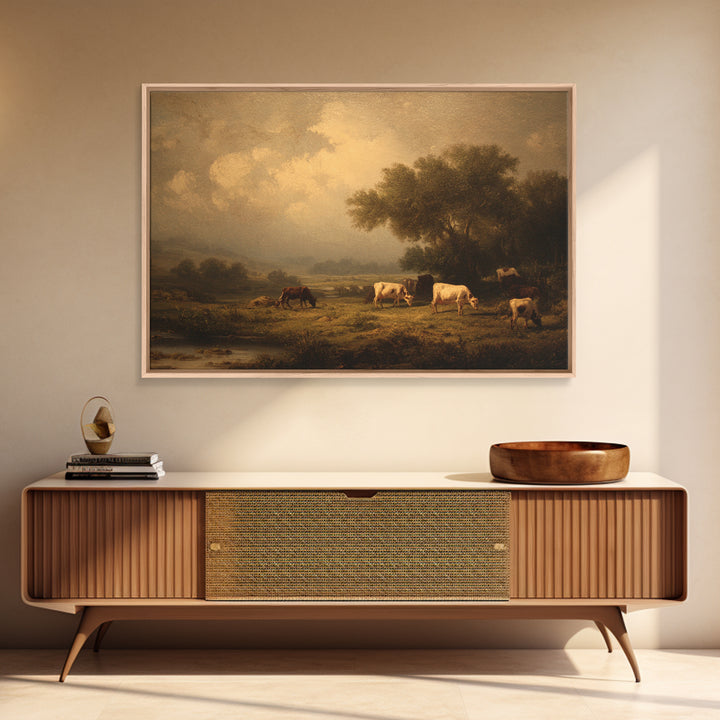 Pastoral Countryside with Cows in Field Framed Canvas Print, Traditional Art, Living Room Decor, Oil Painting, Classic, TRA-3x2-59