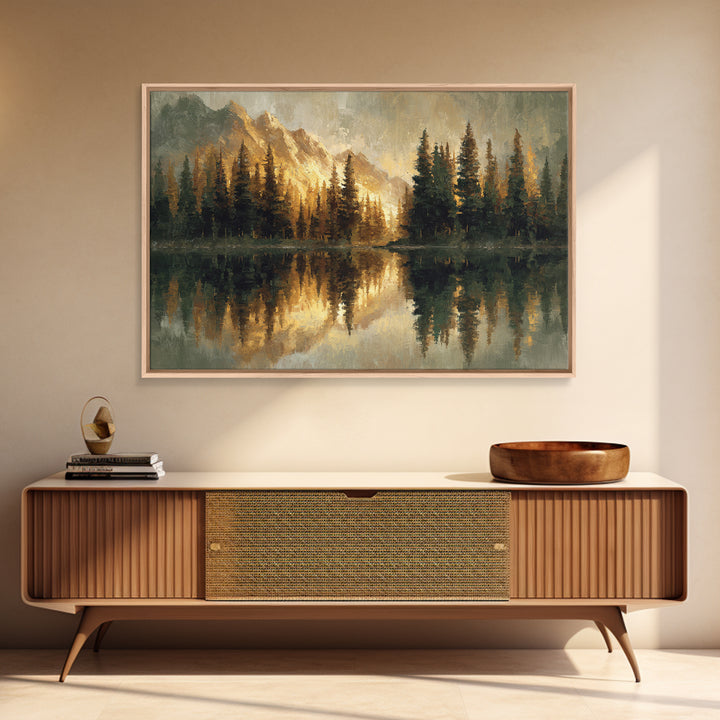 Mountain Lake with Pine Forest Reflection Canvas Print, Traditional Art, Dark Art, Living Room Decor, Fine Art, Classic, TRA-3x2-61