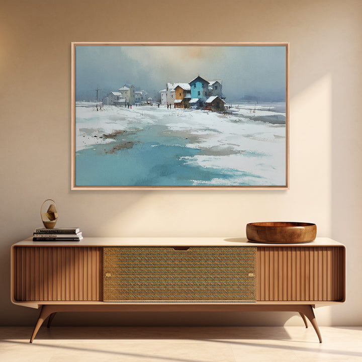 Snowy Village Landscape at Twilight Framed Canvas Print, Traditional Art, Pokemon Poster, Living Room Decor, Watercolor Art, TRA-3x2-71