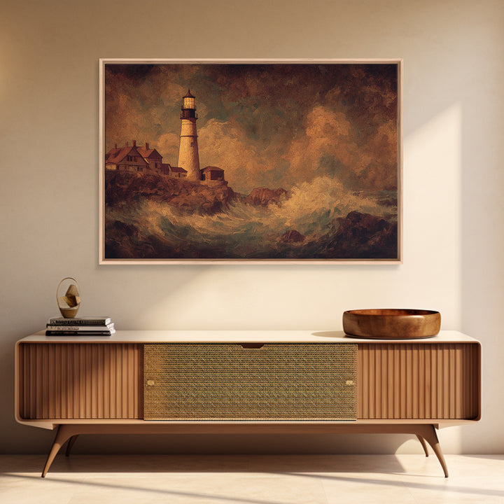 Lighthouse with Crashing Waves Canvas Print, Traditional Art, Neutral Decor, Living Room Decor, Fine Art, Classic, Home Decor, TRA-3x2-73